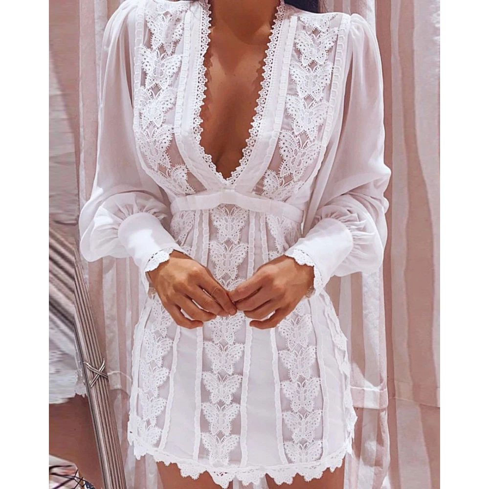 

Mini Dress Women Boho Butterfly Puff Sleeve Lace V-neck Solid Female Elegant Sheer Mesh Streetwear Spring Autumn Vestido
