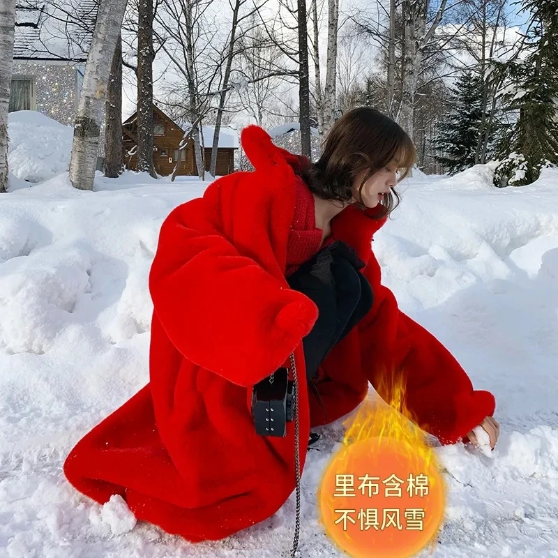 Red Faux Fur Coat Women's Fashion Imitate Mink Velvet Jacket Winter Stand Collar Thick Warm Overcoat Femme Fourrure Femme