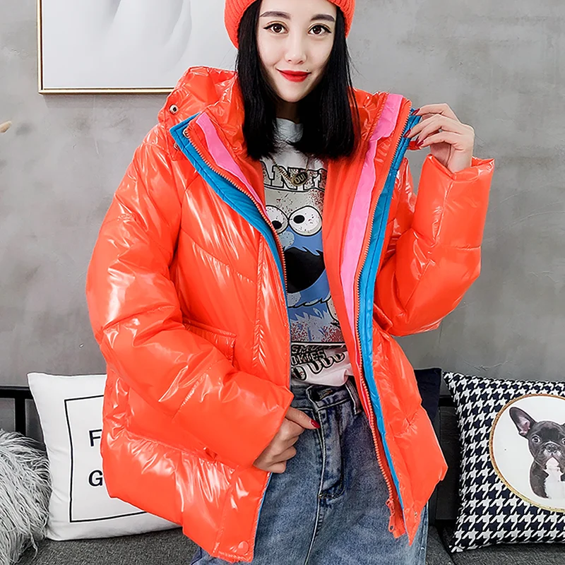 

New 2021 Winter Fashion Candy Colors Hooded Glossy Down Cotton-Padded Jacket Women Thick Warm Parkas Plus Size Mujeres Abrigos