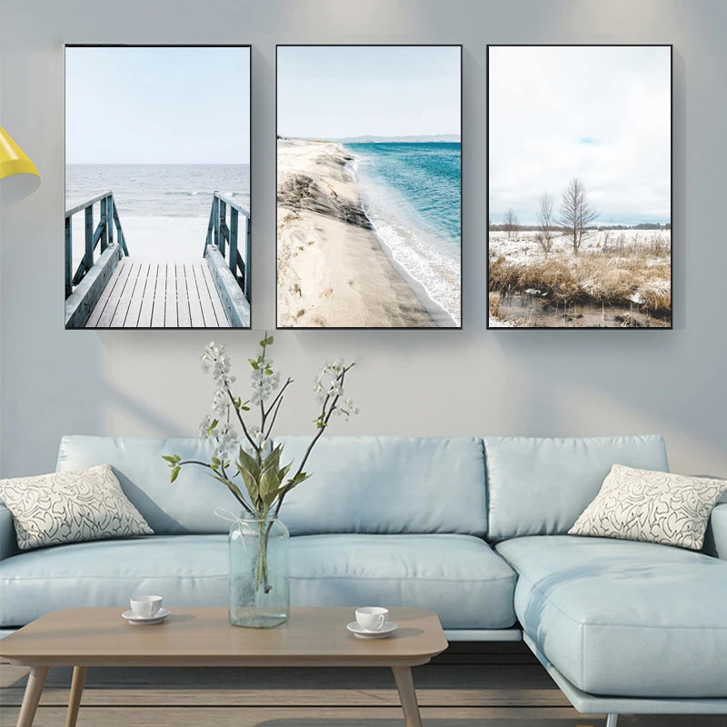 landscape Art Canvas Painting Nordic Posters Sea Bridge Reed Beach Sailboat Quote And Prints Wall Pictures For Living Room Decor | Дом и сад