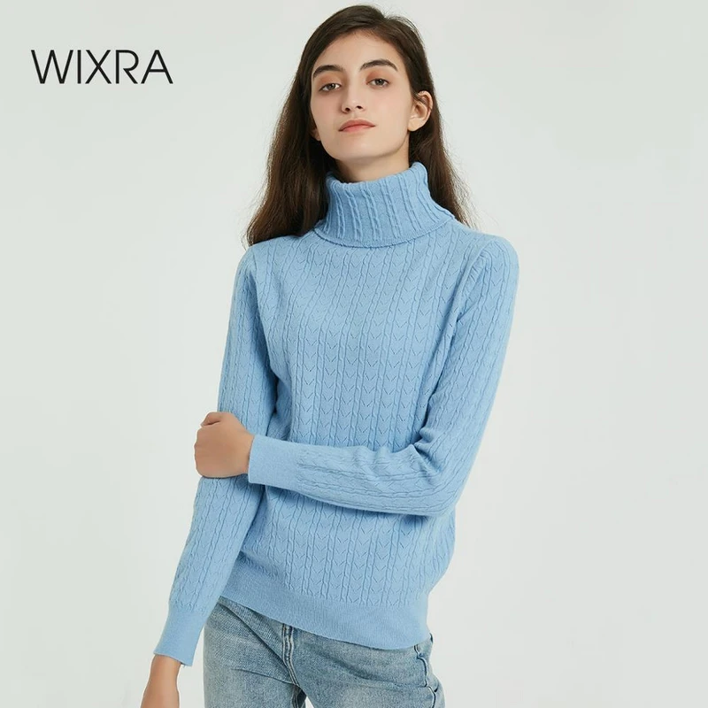 Женский свитер с высоким воротом Wixra вязаный Однотонный длинным рукавом