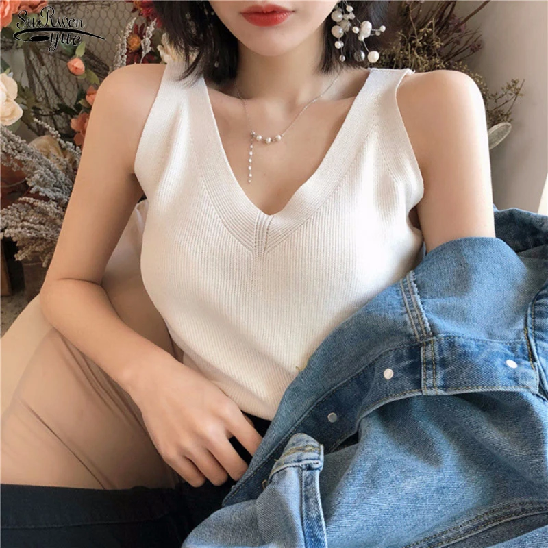 

Summer 2022 Basic Knitted Vests V-neck Solid Sleeveless Tank Female Casual Knit Shirt Woman Pink Korea Femme Women Tops 13691