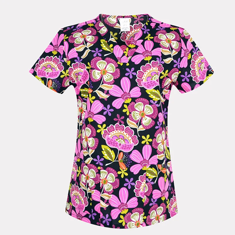 SCRUB TOP 14 Женский костюм медика с цветочным принтом, топы из хлопка, больничная медицинская униформа, v-образный вырез, летний топ для кормления, рабочая одежда - Цвет: SCRUB TOP 14