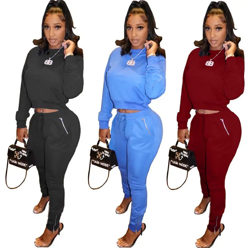 

TNNAOFF Trendy Solid 2 Piece Tracksuits Women Set Long Sleeve O-neck Top Sexy Pockets Pencil Pants Streetwear Club Matching Sets