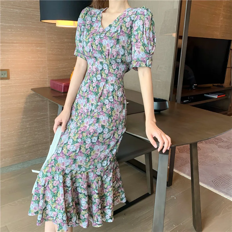 

VICONE French style restoring ancient ways to receive show thin waist platycodon grandiflorum chiffon floral Dress