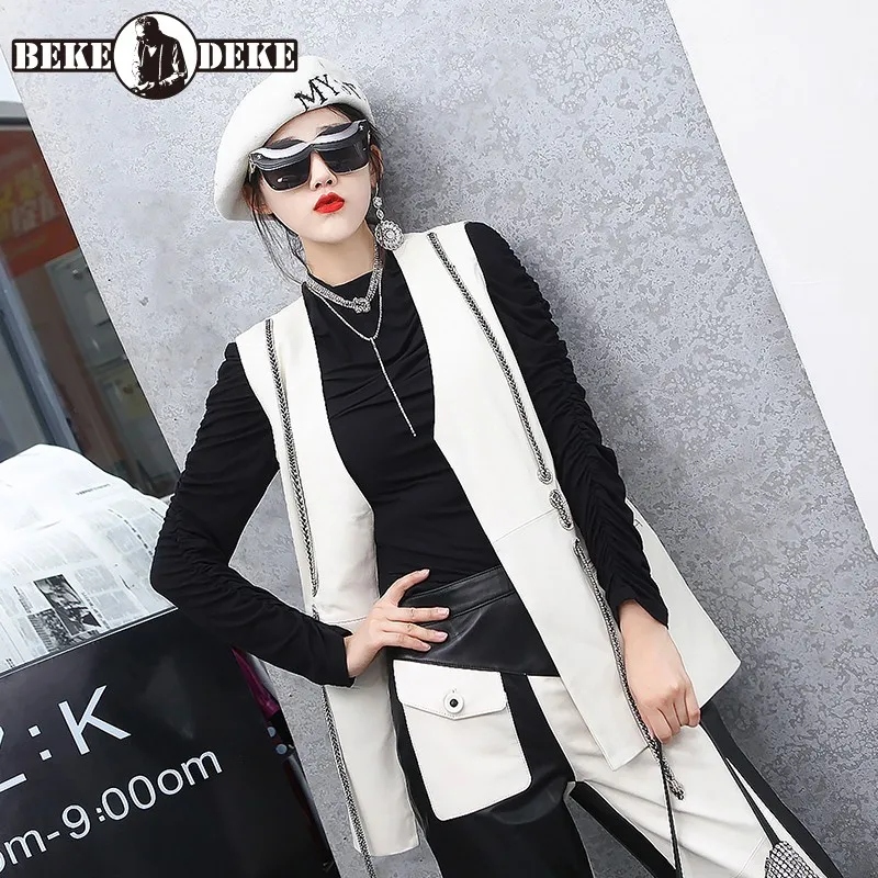 

New Designer Women Striped Long Vest Top V Neck Sleeveless High Quality Genuine Leather Jacket Autumn Lady Streetwear Waistcoat