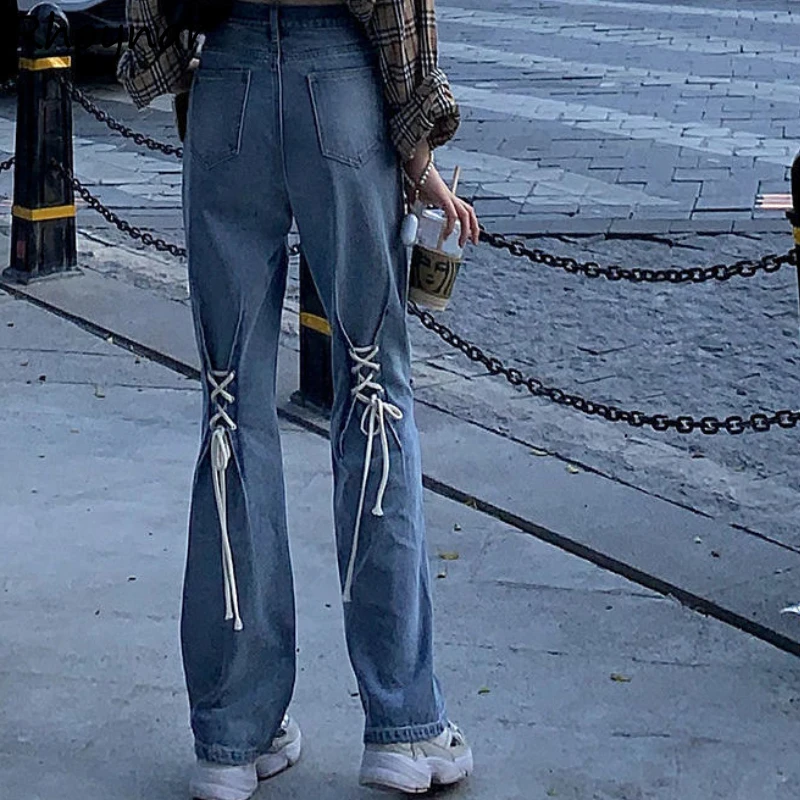 

Jeans Women Summer All-match Simple Lace-up Korean Style Ladies Chic Loose Leisure New High Waist Streetwear Soft Daily Clothing