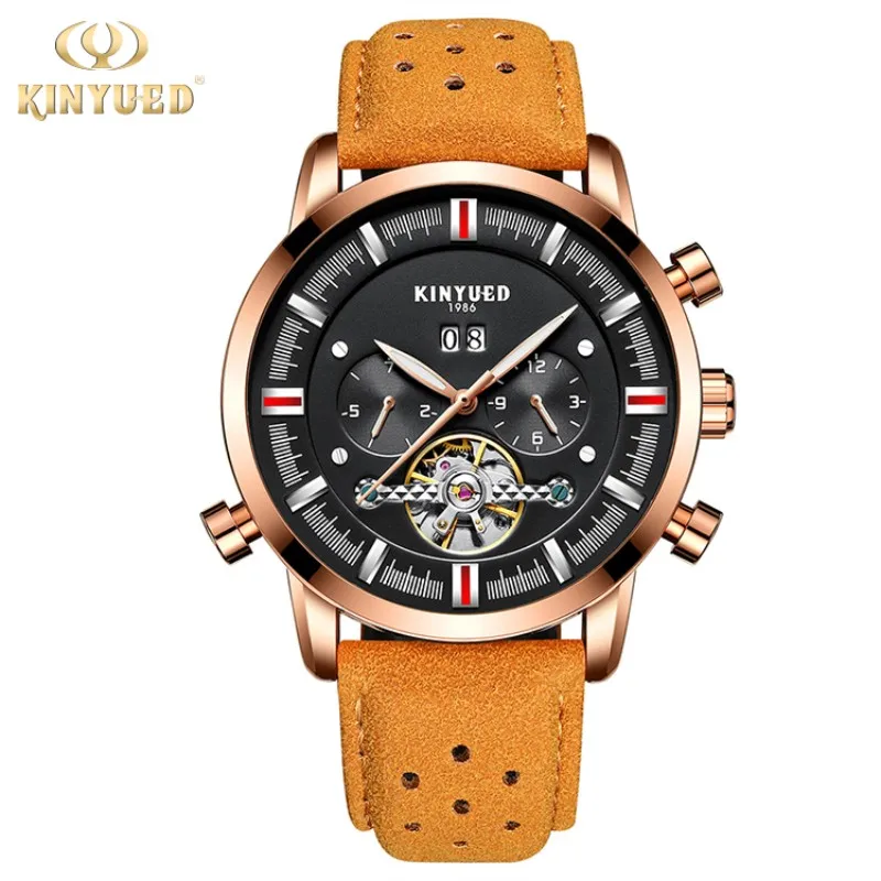 Натуральная KINYUED Jin Yueda мужской кожаный ремешок большой циферблат tourbillon