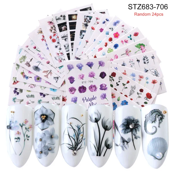 STZ683-706 24PCS Набор наклеек для ногтей переводные наклейки для воды смешанный дизайн цветок животное слайдер для маникюра ногтей украшение татуировки Советы LA830 - Цвет: STZ683-706 24PCS