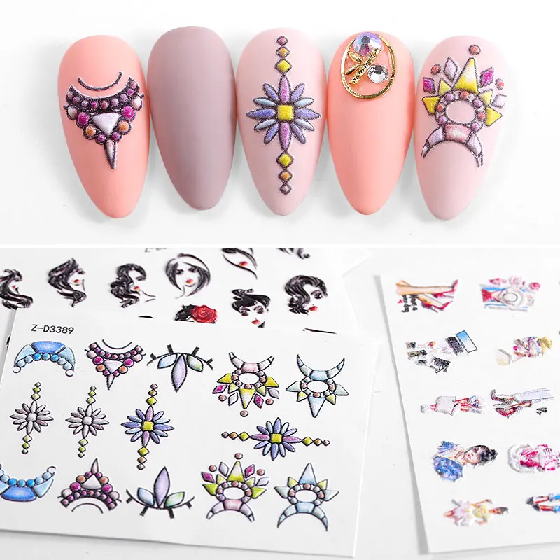 5D самоклеящиеся тиснением ногтей наклейки печать Принцесса цветы перья Empaistic