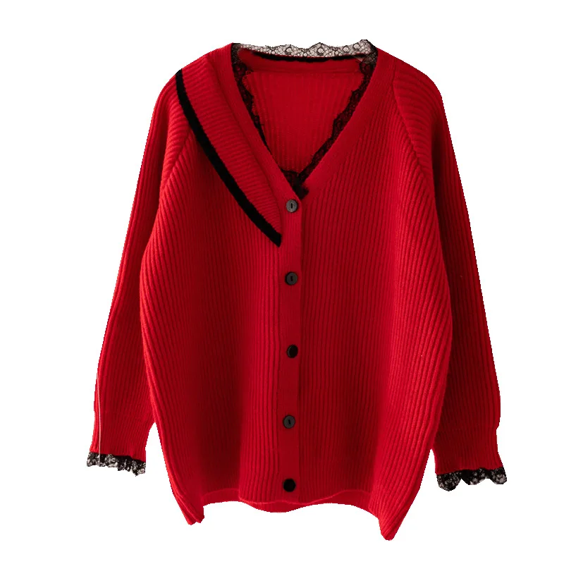

Brand Women Lace V Neck Cardigan Autumn Winter Sweaters&Jumpers Simple Solid Color Loose Thick Sweater Female Red Pink Sueter