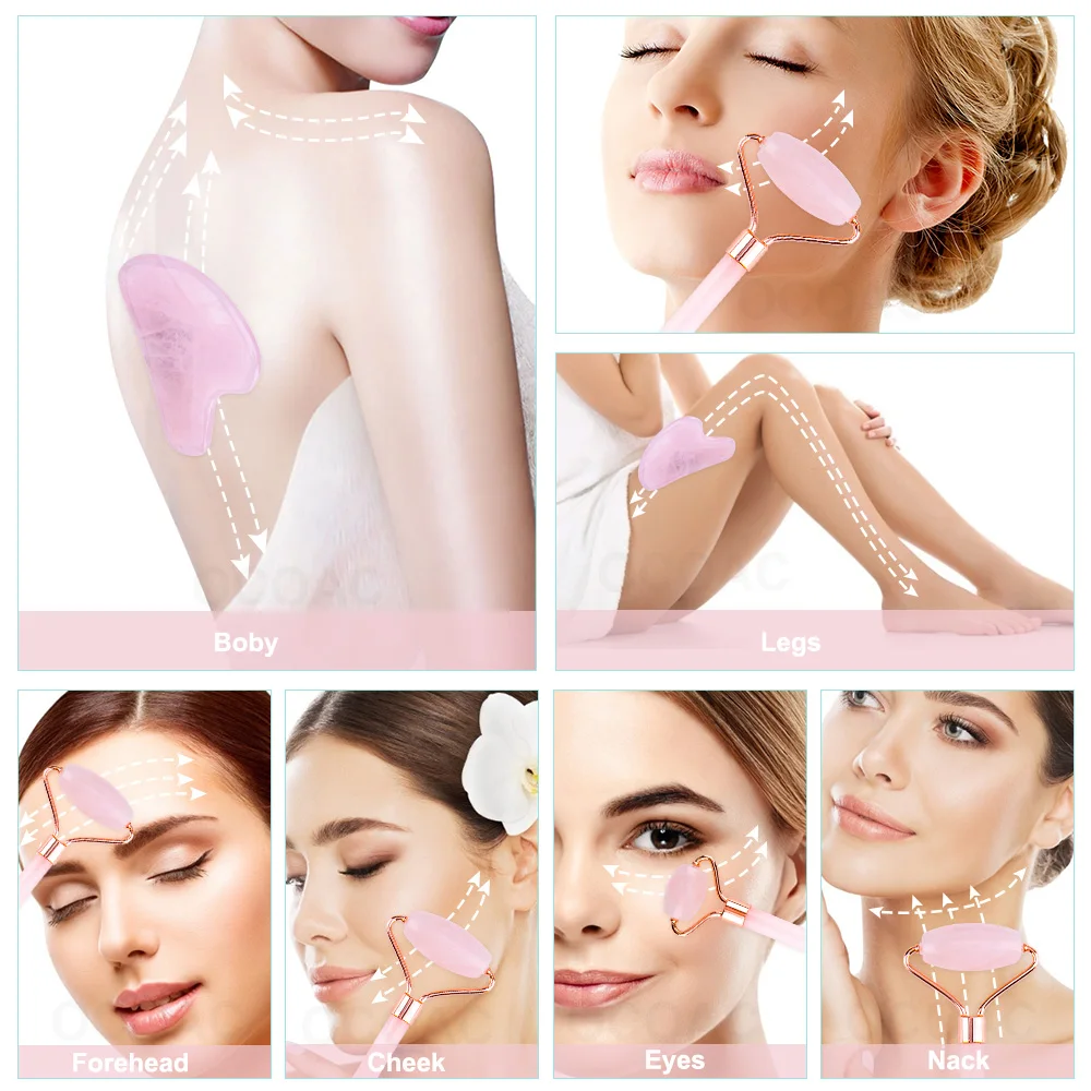 

Jade Roller Massager Rose Quartz For Face Natural Real Stone Guasha Scraper Set Back Facial Beauty Facial Lifting Tool