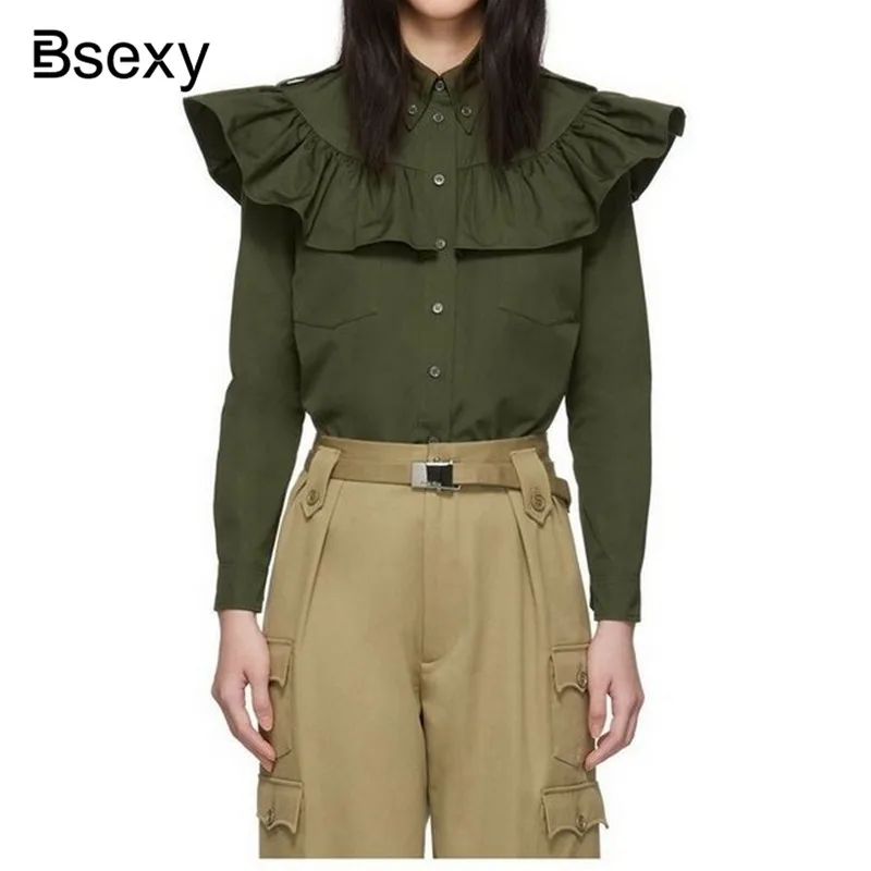 Военная темно зеленая рубашка на пуговицах Женская модная блуза с отложным