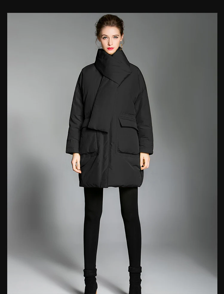 Casual Fashion Jacket Women Black Down Coat Winter With Scarf Warm Long Coat Puffer Jacket Pockets