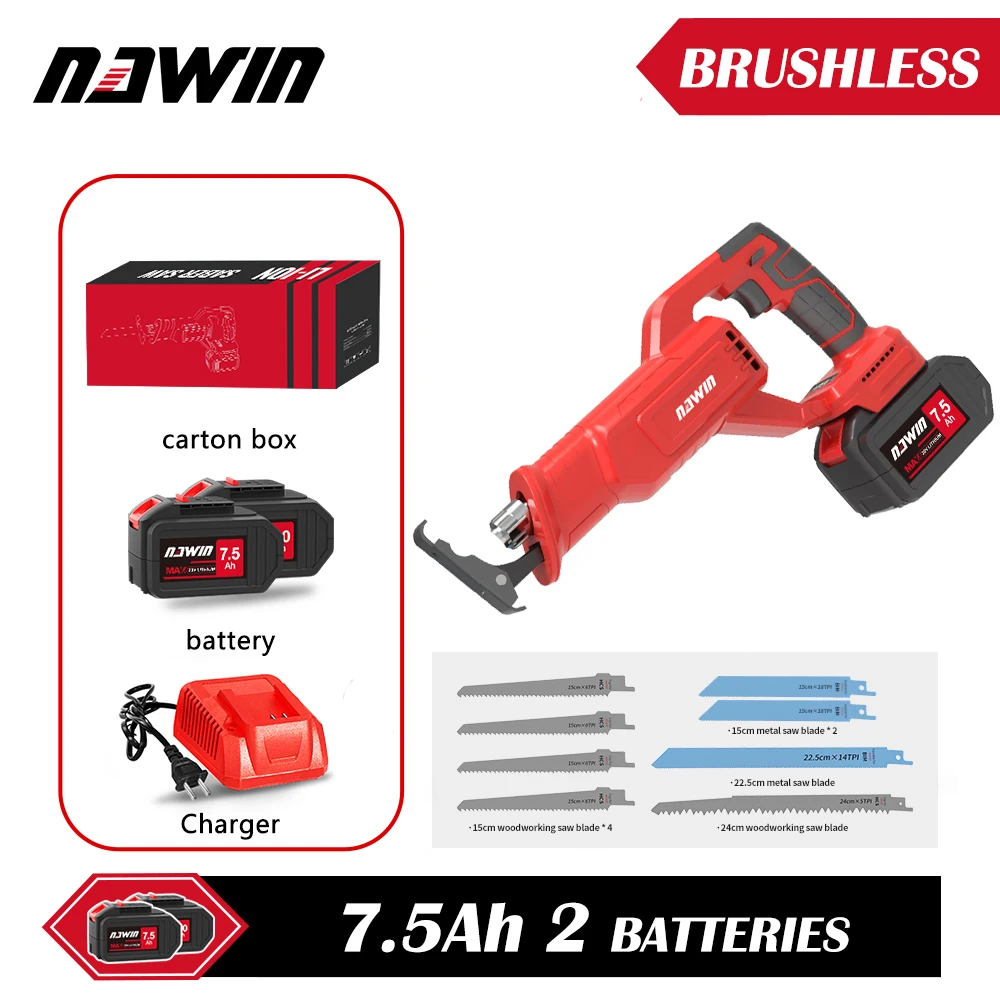 

NAWIN Brushless Cordless Electric Reciprocating Saw Handsaw Saber Saw Sierra Sabel Metal Woodworking Frozen-meat Bone Cutting