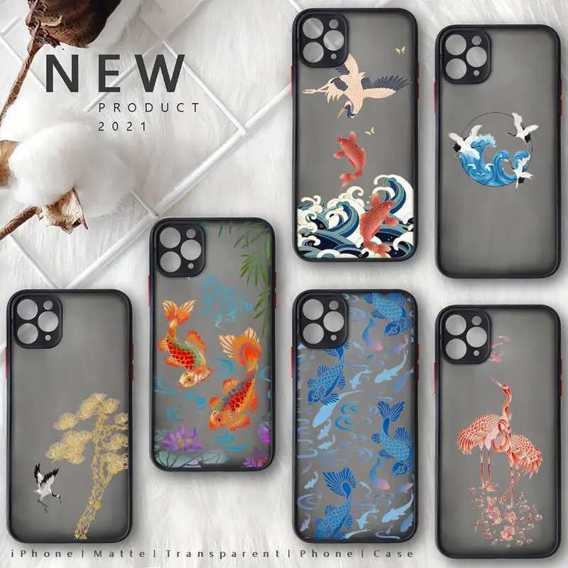 

Crane and Koi Chinese style Phone Case black matte transparent For iPhone 7 8 x xs xr 11 12 13 pro plus mini max Clear Funda