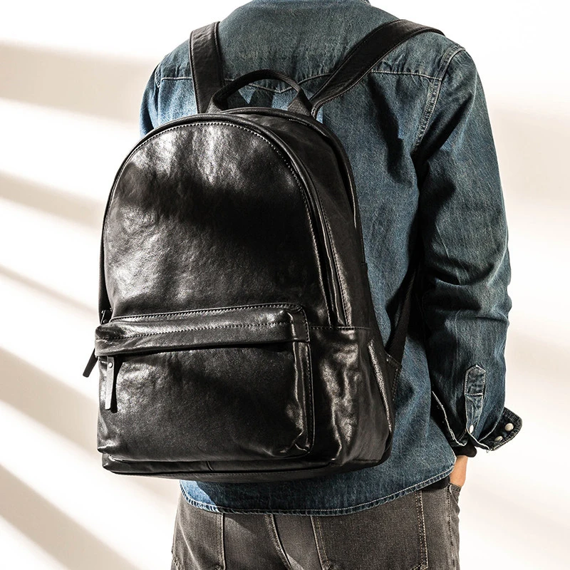 

outdoor travel men's genuine leather black backpack fashion high-quality luxury natural real cowhide computer bookbag