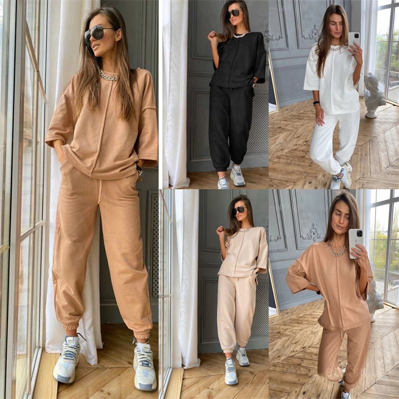 

Casual Solid Tracksuit Women Two Piece Set Summer Autumn Clothes Pullover Top and Long Pants Suits Loose Women's Sets Outfits
