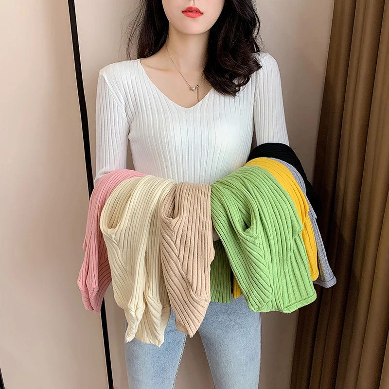 

AOSSVIAO 2021 Knitted Sweater Women Autumn Winter Bottoming Sweaters Pullover Lady Casual V-neck Stripe Slim Jumper