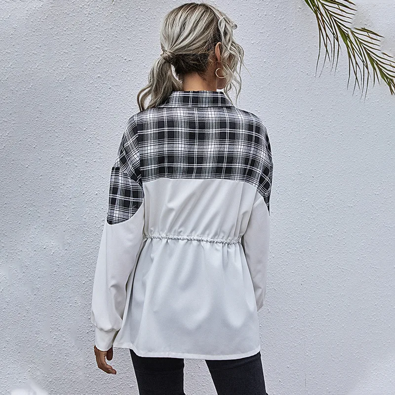 

Fashion Casual OL Women Shirts 2020 Plaid Patchwork Lantern Sleeves Sashes Loose Shirts