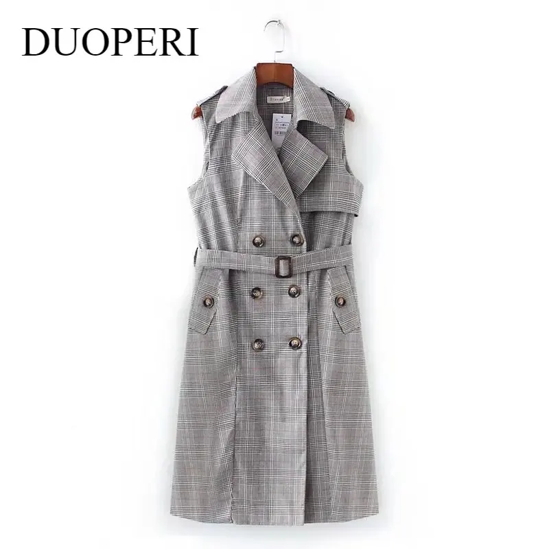 

DUOPERI Женская мода с поясом клетчатый двубортный клетчатый Длинный жилет в винтажном стиле с английским воротником без рукавов женское паль...