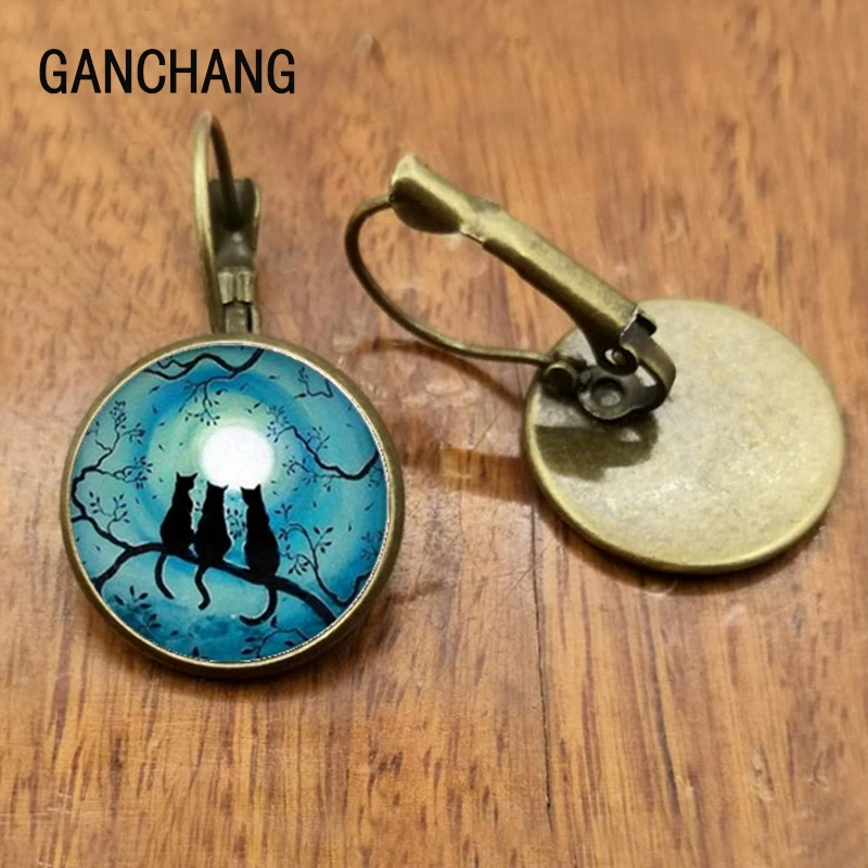 Стеклянные черно белые серьги в виде двух кошек женские модные стеклянные с