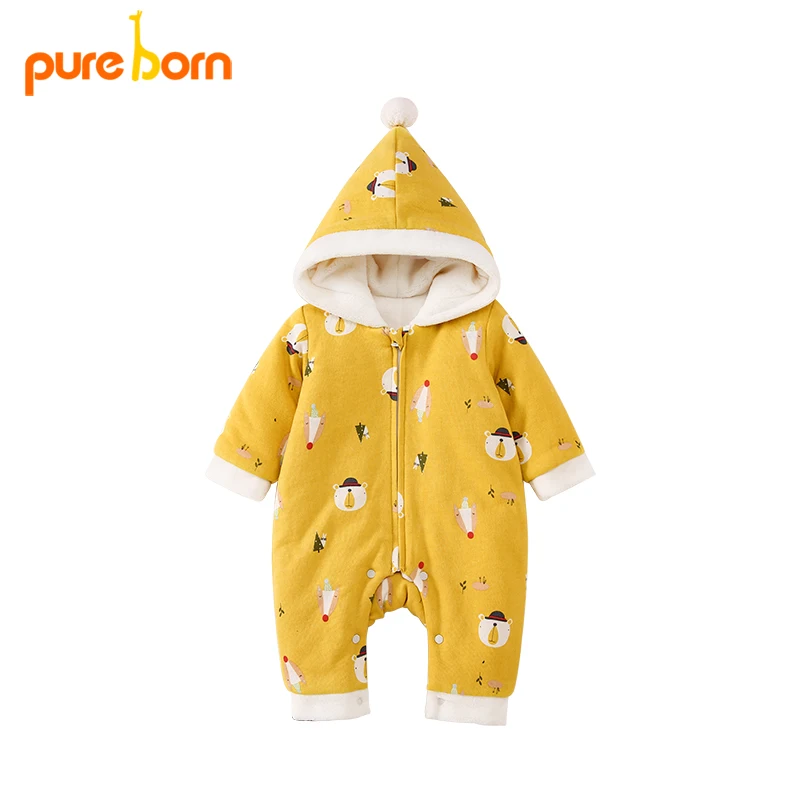 Pureborn/Детский комбинезон унисекс из плотного флиса с капюшоном для новорожденных; зимний комбинезон на молнии; Одежда для маленьких мальчиков и девочек - Цвет: yellow bear