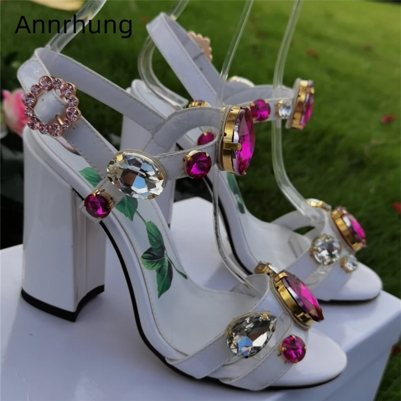 

Женские летние туфли, украшенные стразами, с цветочным принтом и открытым носком, на массивном каблуке