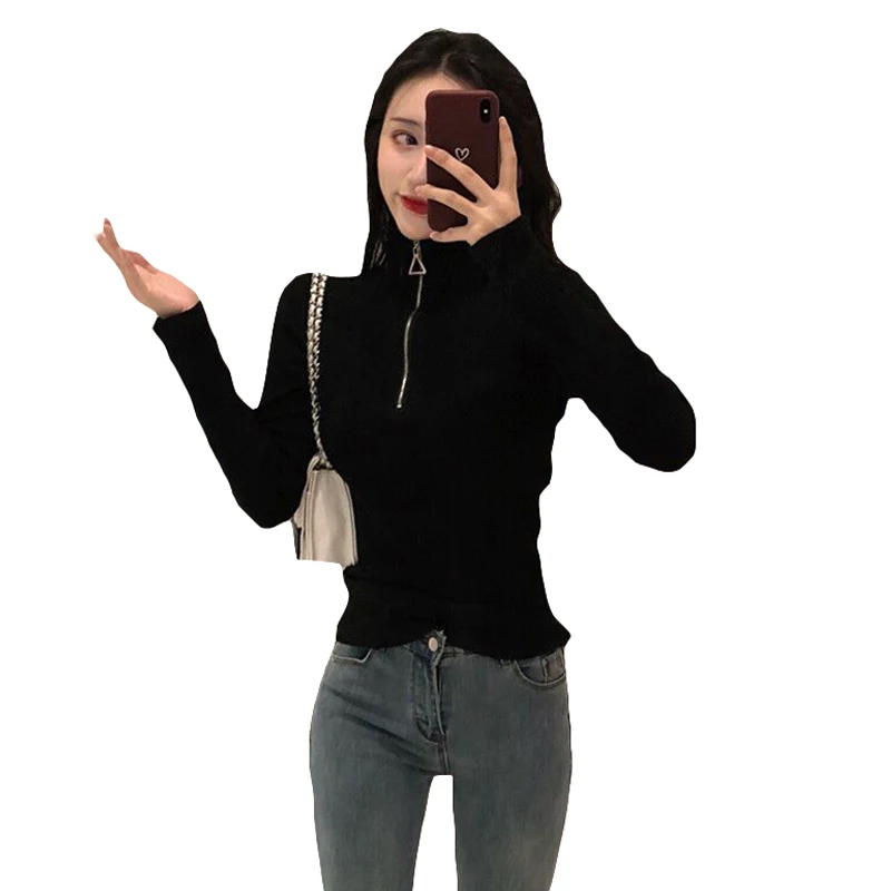 

JXMYY 2020 spring Korean version of chic half-high neck zipper long-sleeved sweater slimming bottoming sweater sweater top women