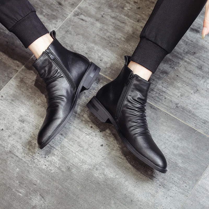 Мужские модные ковбойские ботинки в Корейском стиле обувь из натуральной кожи с