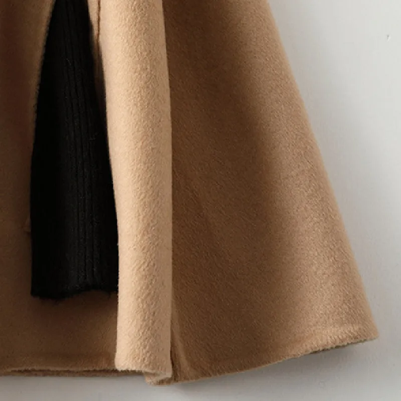 

Women Luxury Double-faced Woolen Cloak Jacket 100% Wool Loose Coat Ladies Sailor Collar Button Outerwear Medium Length Shawl