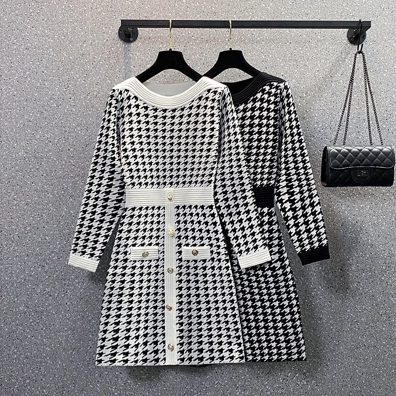 

2021 New Autumn Winter Houndstooth Knitted Sweater Dress Women Long Sleeve Vintage Mini Dresses Korean Fashion Casual Robe Femme