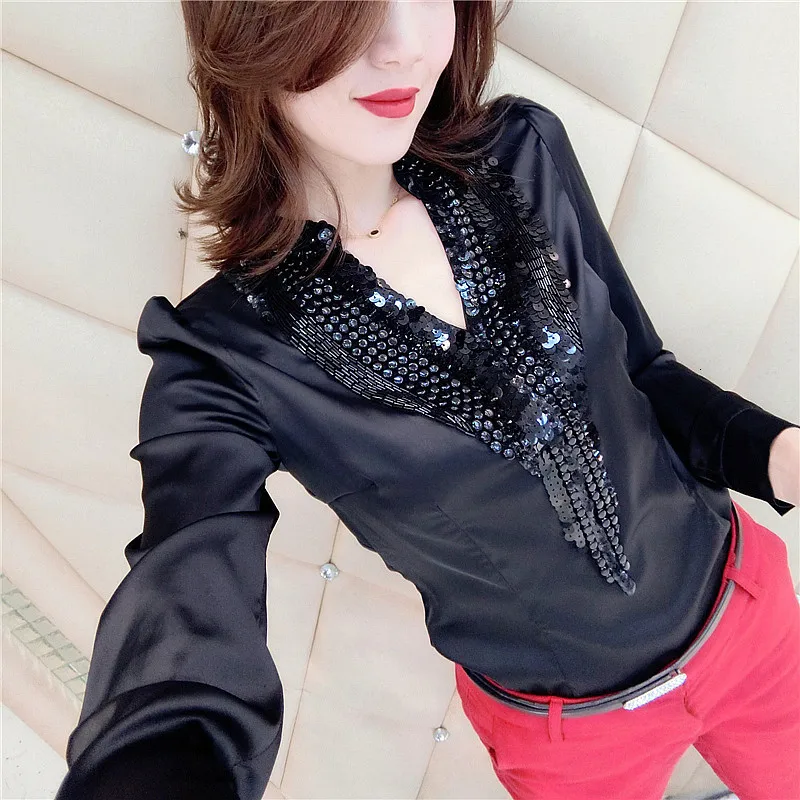 

2020 Summer Woman Blouse Fashion Korean OL V Neck Woman Shirt Bling Sequins Womens Blouse Slim Fit Long Sleeve Feminine Blouse
