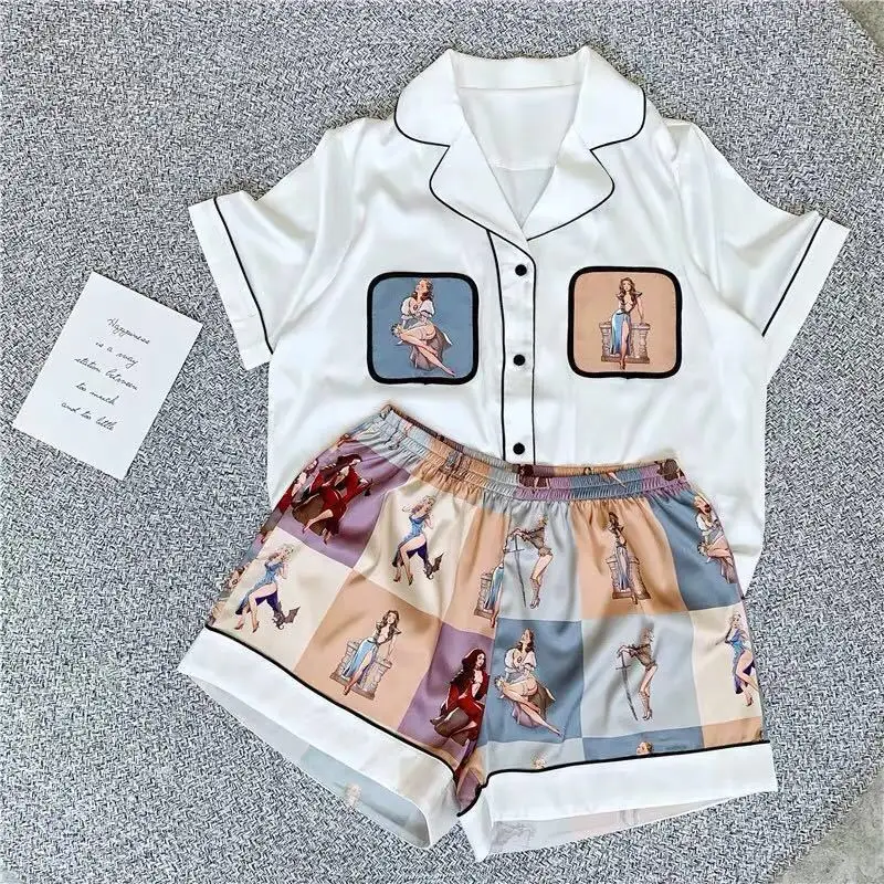 

Creation 101 summer women's ice silk pajamas short sleeve sweet two piece suit silk thin loose large size home clothes
