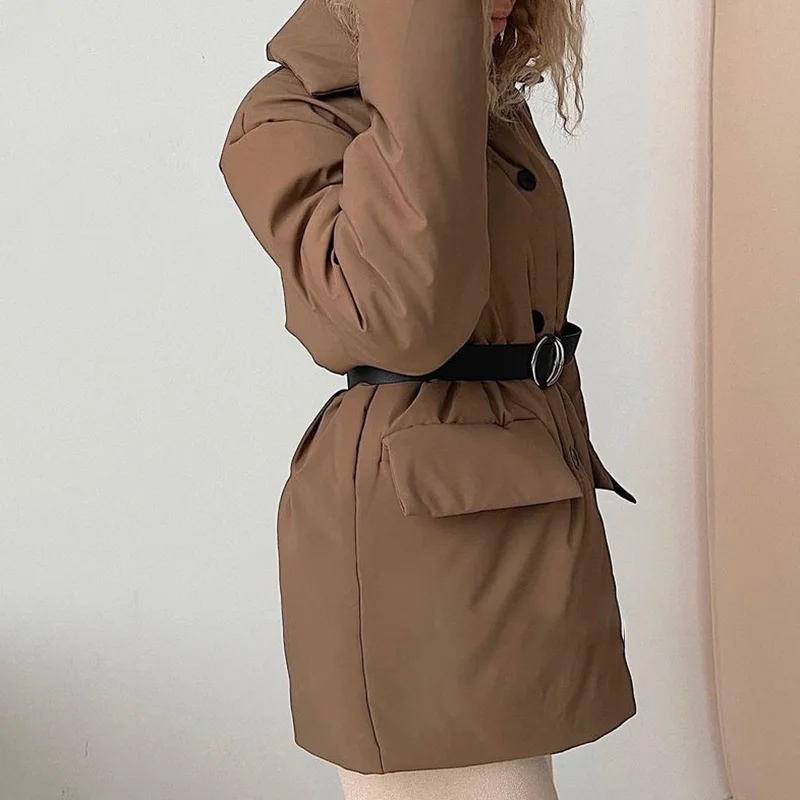 

Elina Casual Turn Down Collar Parkas Women Vogue Pockets Coats Women Elegant Single Breasted Cotton Jackets Female Ladies