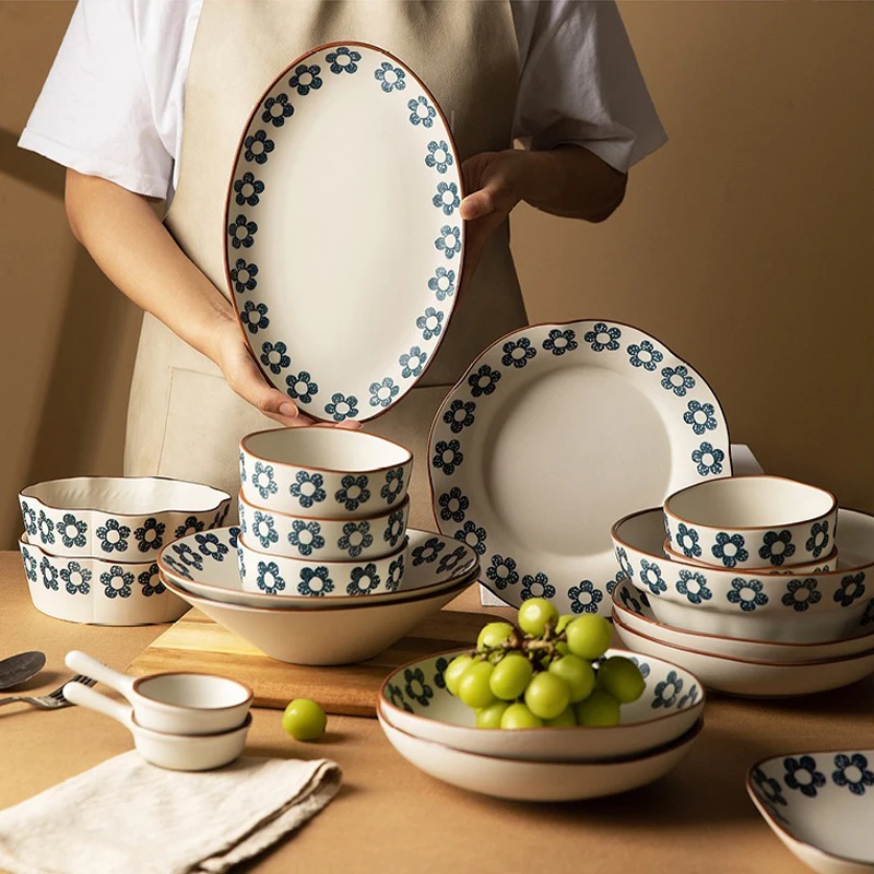

Retro Blue Flower Ceramic Complete Tableware Set Dinner Plates Dishes Cake Food Plate Salad Soup Bowl Dinnerware Set