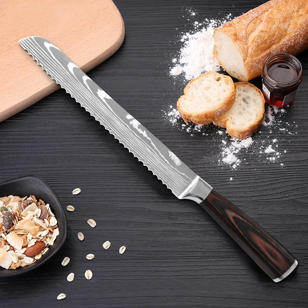 Зубчатый нож для хлеба кухонный Дизайн Лазерная Дамасская Жилка лезвие из