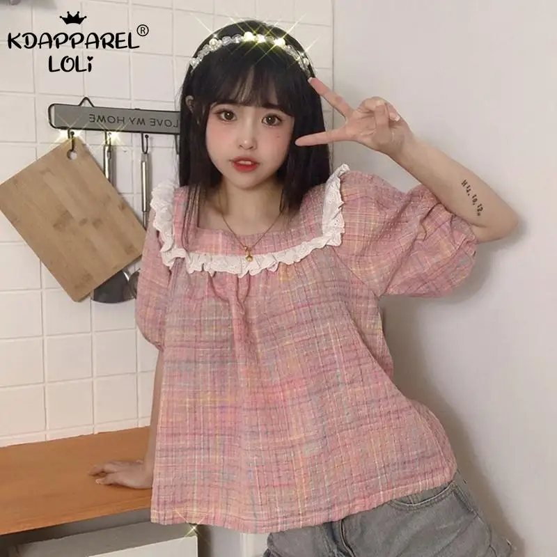 Милая женская летняя рубашка милая Свободная с коротким рукавом квадратным