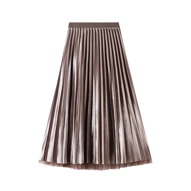 

2020 Autumn & Winter New High Waist Slimming Simple Solid Mesh Long Skirt Fashionable Double-sided Pleated Skirt Free Shipping