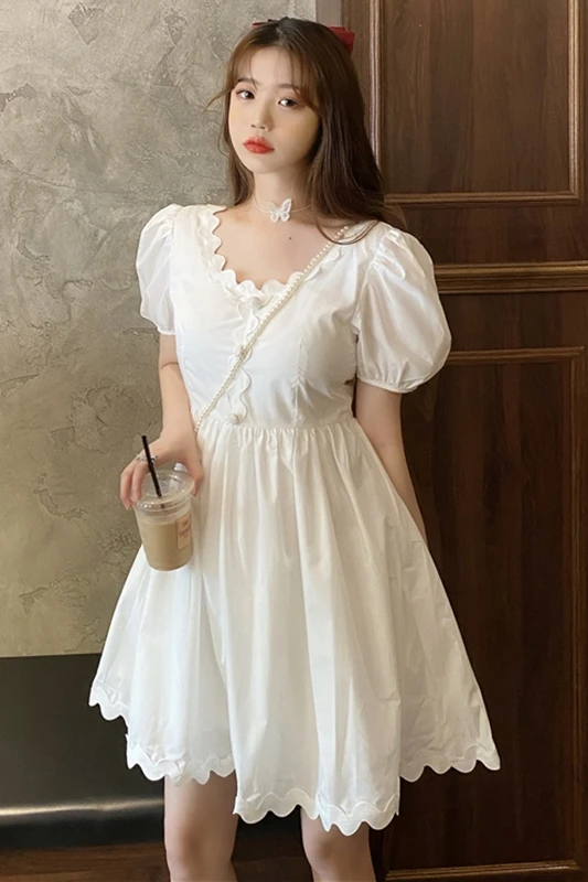 

Japanese Sweet Lace lolita dress Puff Sleeve High Waist Slimming All-match Platycodon Grandiflorum Dress Women's 2020 Summer
