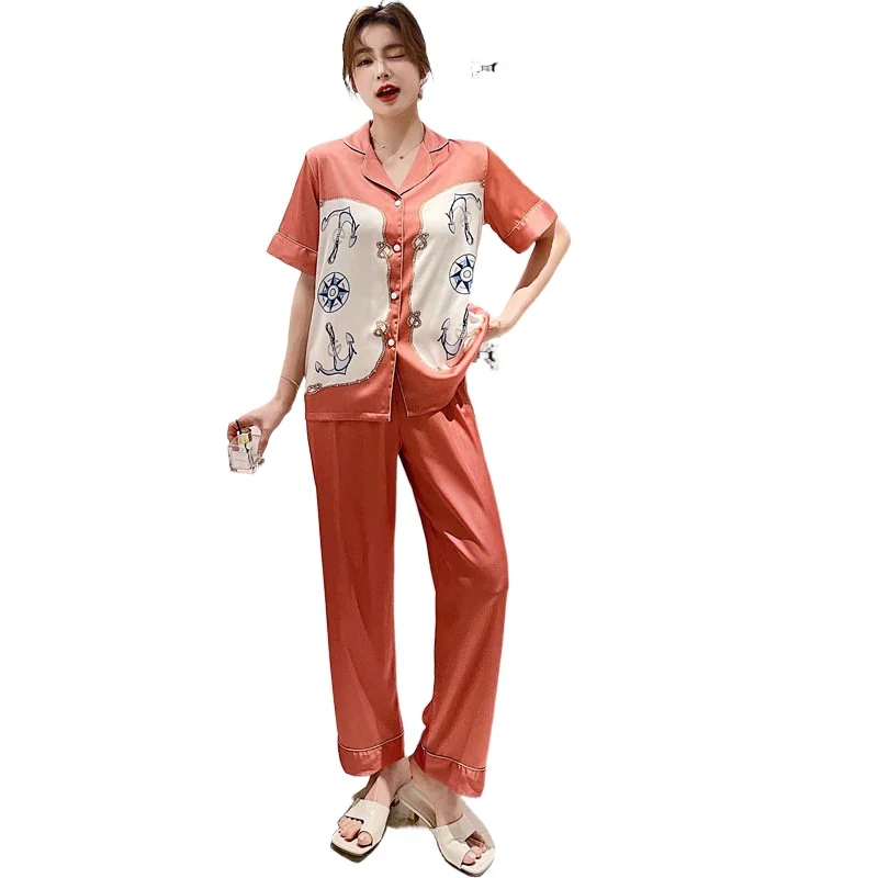 

Marple Women's pajamas 2021 new style ice silk pajamas short-sleeved trousers thin print home pajamas pajamas for women