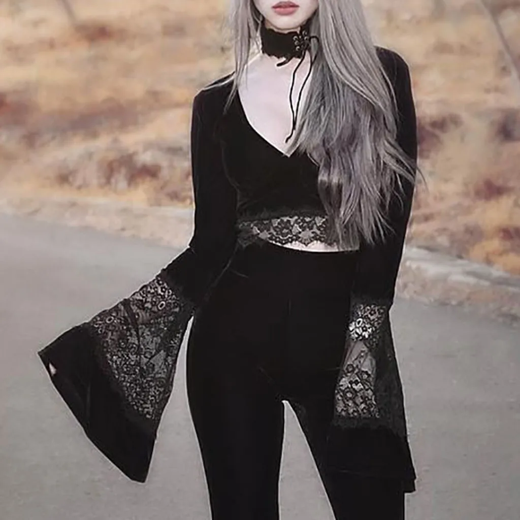 

2020 Spring Autumn Lace Women Blouse Fashion Black Gothic Blouse V-neck Patchwork Bow Long Pagoda Sleeve Short Tops temperament