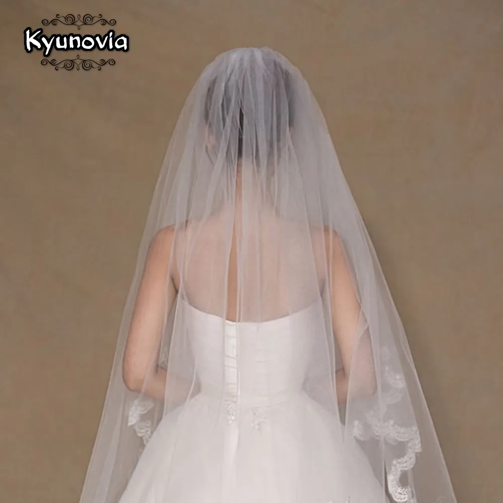 Kyunovia 2 яруса свадебная фата Красивая слоновая кость Соборная короткая свадебная фата с кружевным краем с гребнем Фата невесты A00187