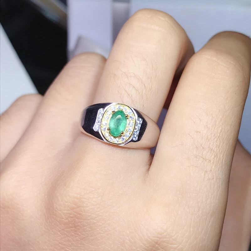 0.5 carat natural emerald men's ring adjustable size 925 sterling silver certificate package