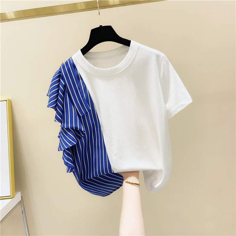 

Женская Асимметричная футболка с оборками и коротким рукавом, в полоску, в стиле пэчворк, лето 2021, свободные топы в Корейском стиле