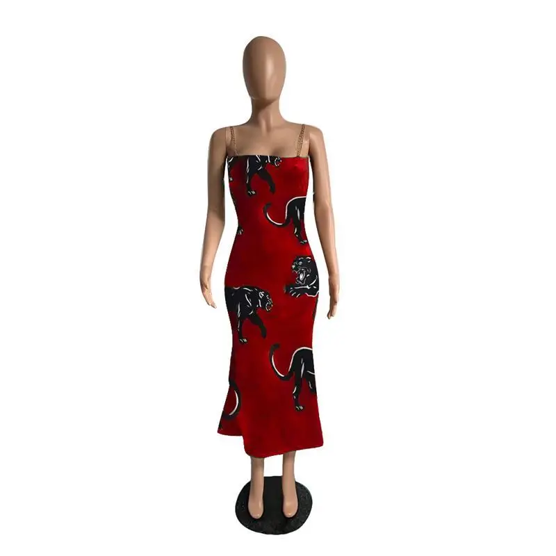 

Animal Print bodycon Dress Women Sleeveless Metal Chain Strap Vintage Vestidos Maxi Dress Summer Slim Party Night Clubwear 2021