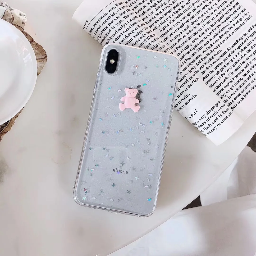 INS Korea Cool Cute Cartoon 3D Bear phone case for iphone Xs MAX XR X 6 6s 7 8 plus Star moon Clear Soft TPU Back Cover |