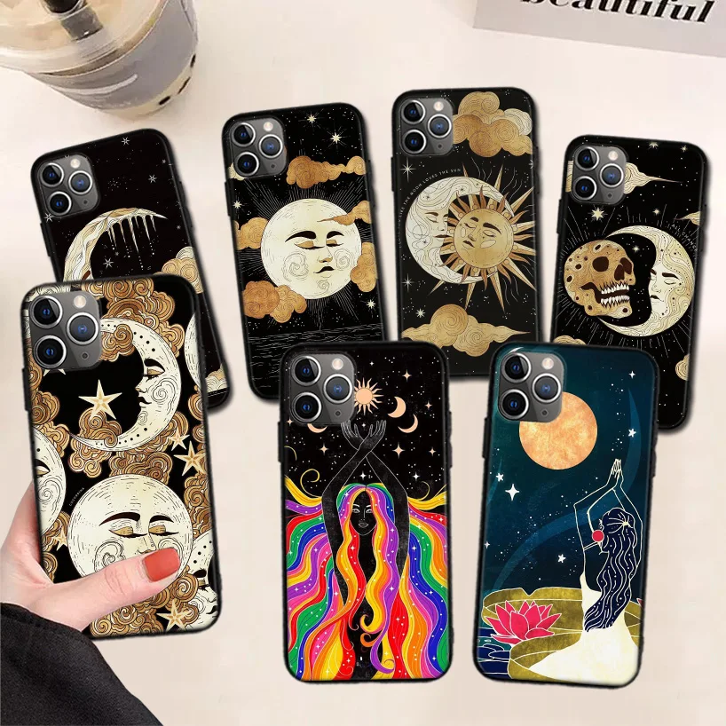 

Funny Sun Moon Face Black Phone Case For Apple iPhone 11 13 Pro Max 12 Mini X XS XR 7 Plus 6 6S 8 + SE 5S Pattern Cover Coque