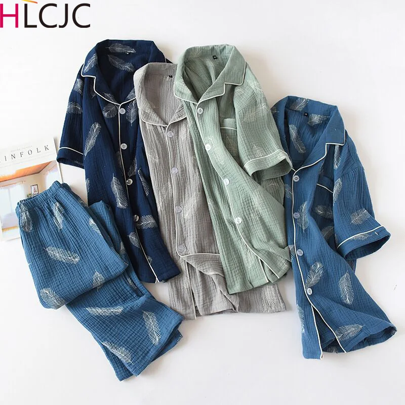 Мужской пижамный комплект летний креп хлопок короткий рукав брюки набор перо