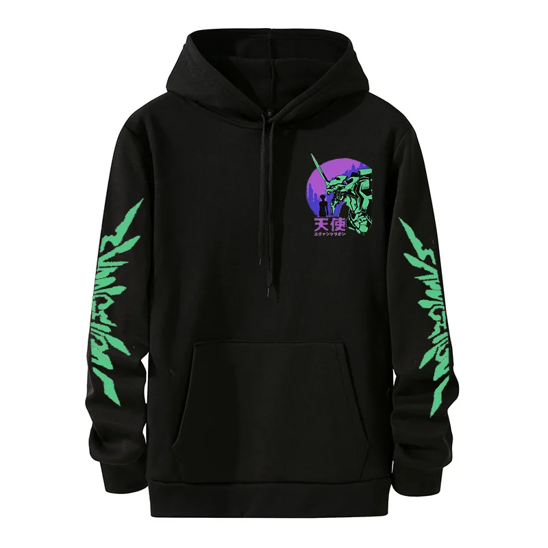 

Женская флисовая толстовка с капюшоном, Черная Толстовка большого размера с длинным рукавом и рисунком японского аниме «Евангелион», осень...